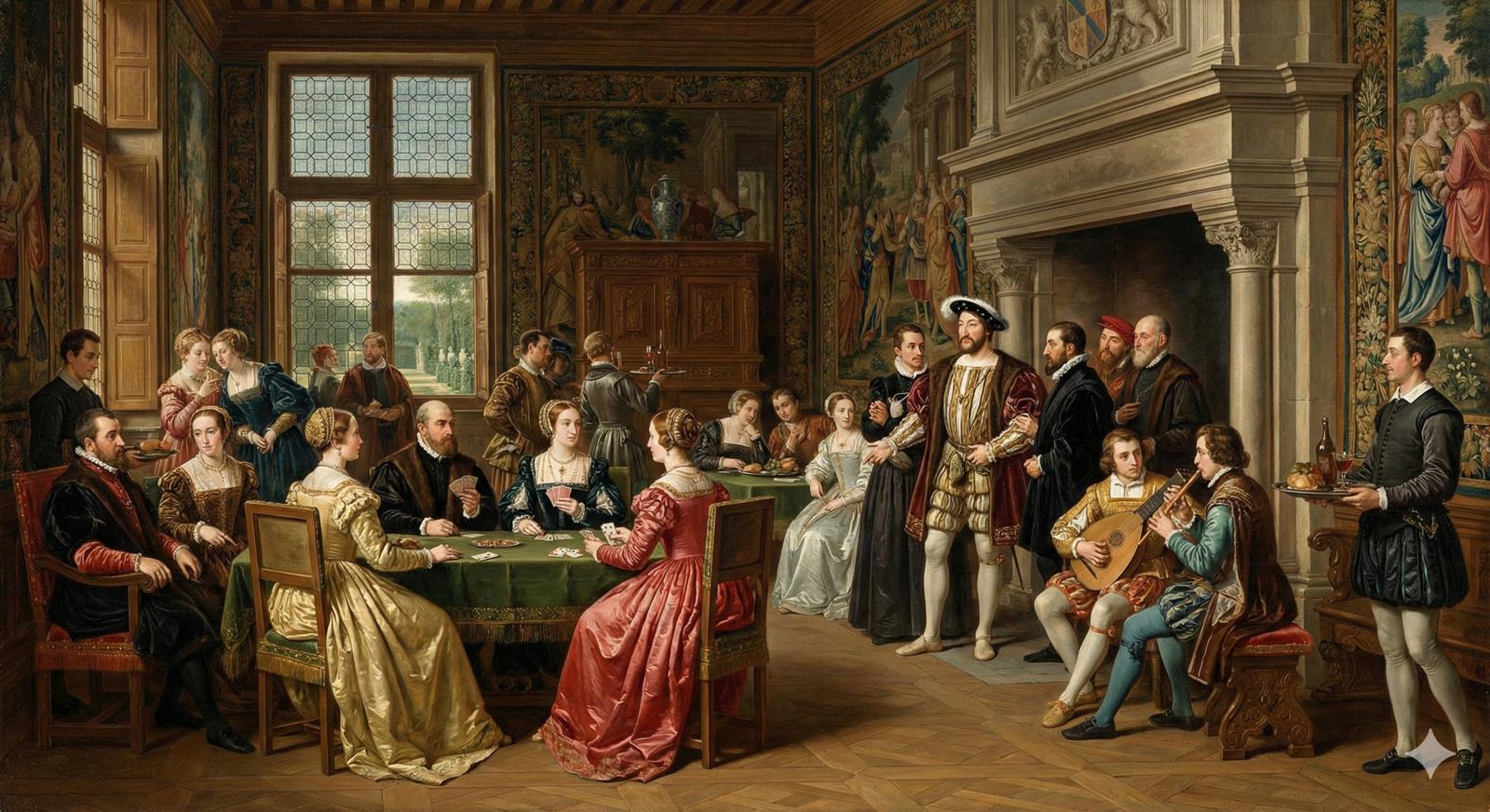 Escena detallada de la vida cotidiana en la corte De Francisco I de Francia, mostrando al rey rodeado de nobles, músicos y cortesanos en un salón del Renacimiento francés
